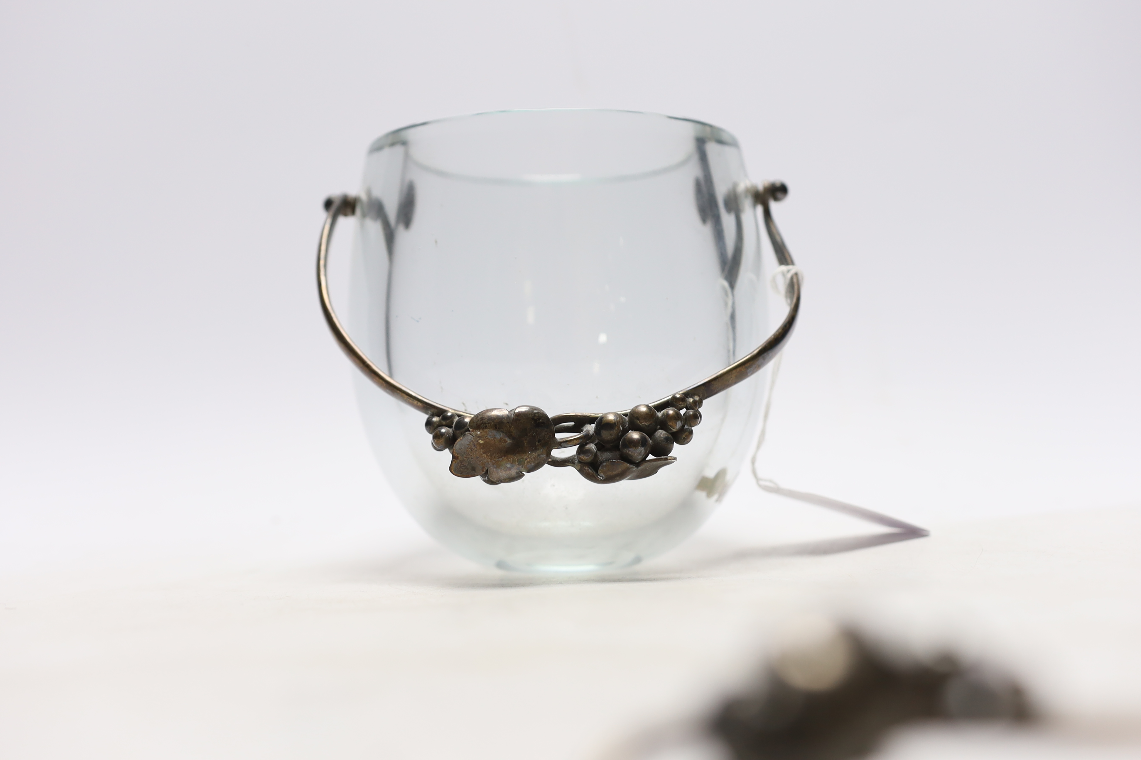 A Danish sterling mounted glass ice bucket and spoon, by Aage Weimar, the glass by Strombergshyttan, Sweden, height 14.5cm.